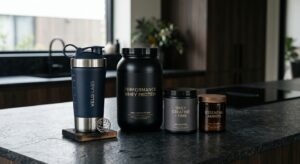 A professional, high-end editorial shot of a sleek protein shaker next to premium supplement tubs on