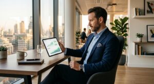 A sophisticated, editorial-style composition featuring a man in a sharp business-casual blazer analy