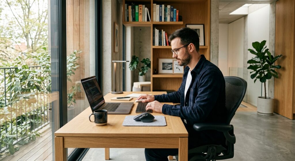 Modern man focused intently while working on a sleek laptop in a minimalist, light-filled architectu