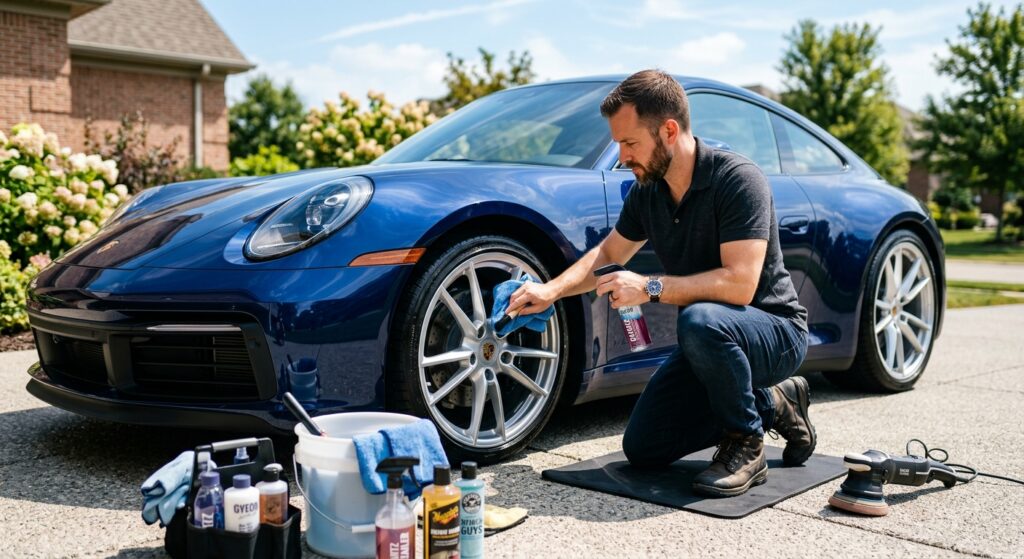 A high-quality, editorial-style photograph of a man meticulously cleaning his car in a bright, sunny