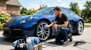 A high-quality, editorial-style photograph of a man meticulously cleaning his car in a bright, sunny