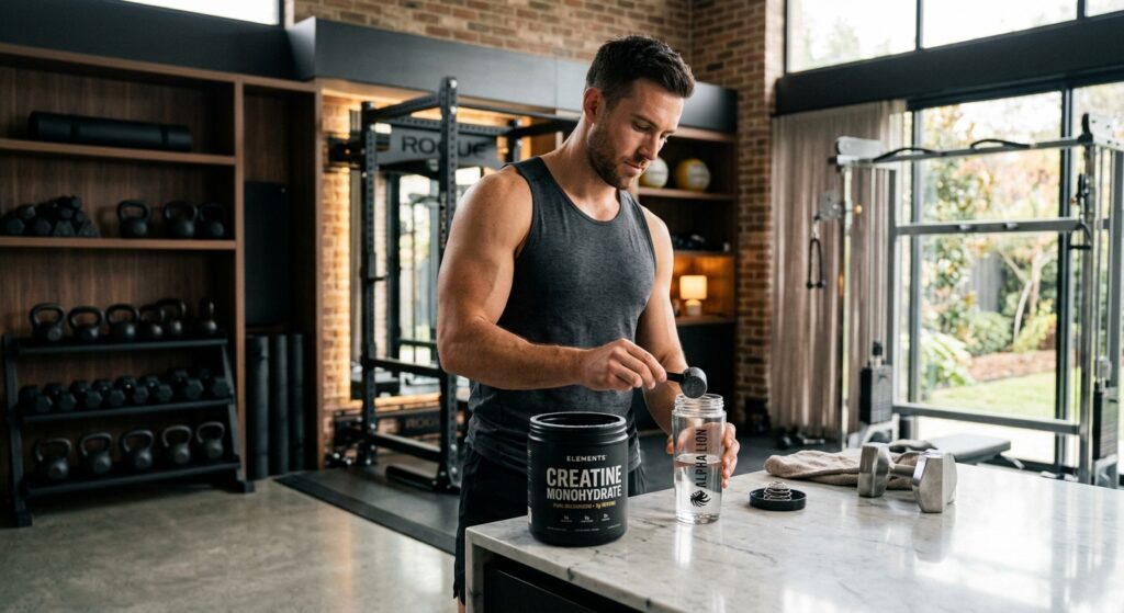 A professional, editorial-style shot of a muscular man preparing a creatine supplement drink in a mo