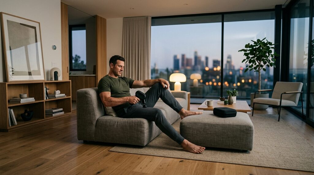 A wide-angle, professional editorial shot of a fit man relaxing in a modern, minimalist living room,