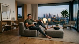 A wide-angle, professional editorial shot of a fit man relaxing in a modern, minimalist living room,