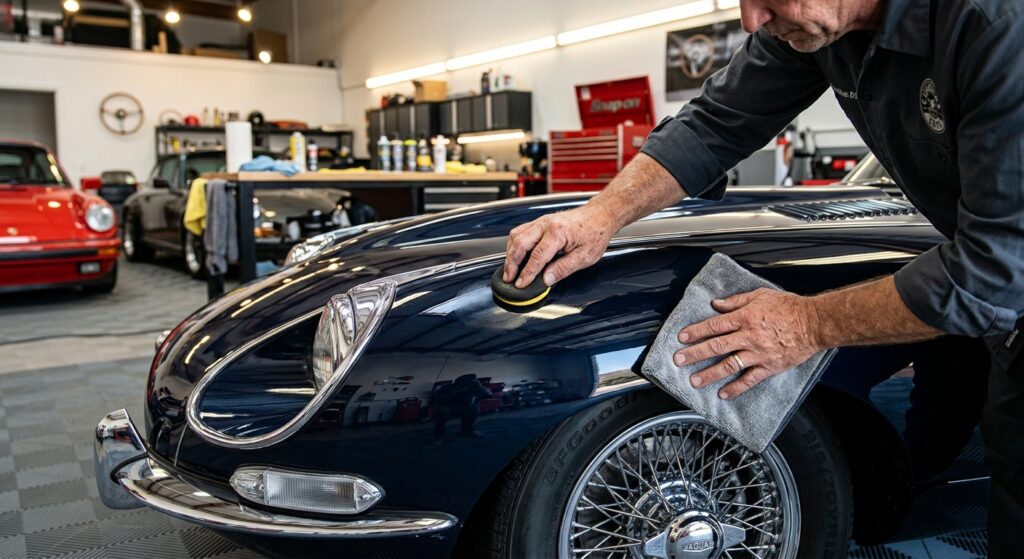 Close-up of a man’s hands detailing a classic vintage car in a polished garage, sharp focus, profess