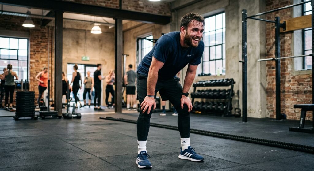 Enthusiastic man wearing professional sportswear, catching his breath after a high-intensity workout