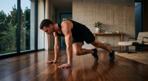 A professional, high-contrast shot of a fit man performing a cross-body mountain climber exercise on