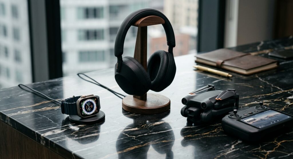 A sleek, high-end collection of modern tech gadgets, including a premium smartwatch, wireless noise-