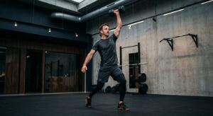 A professional, high-editorial shot of a focused man in premium athletic wear performing a dynamic w
