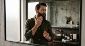 A professional, high-end editorial shot of a well-groomed man with a perfectly styled beard applying