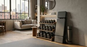 A sleek and modern minimalist home gym setup integrated into a small, stylish urban apartment, featu