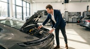 A high-end editorial shot of a man in smart-casual attire inspecting the engine bay of a modern luxu