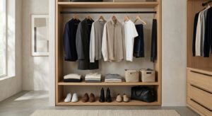 A high-end editorial shot of a neatly organized minimalist men’s wardrobe featuring a versatile sele
