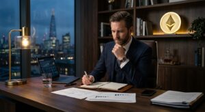 A professional, cinematic shot of a confident modern man in a tailored suit sitting at a dark execut