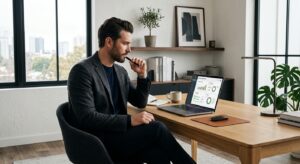 A high-end, editorial-style photograph of a modern man in a sharp business-casual blazer sitting at