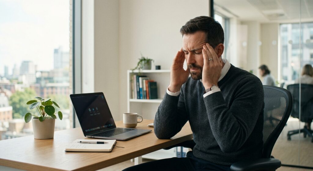 A professional, cinematic shot of a modern man sitting at a desk, gently massaging his temples with