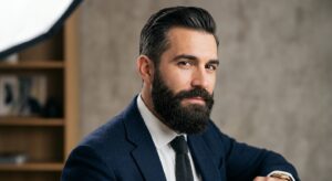 A high-end editorial close-up of a well-groomed man with a thick, healthy, and perfectly styled bear
