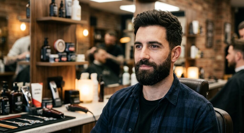 A professional, editorial-style close-up of a well-groomed man with a perfectly styled beard, captur