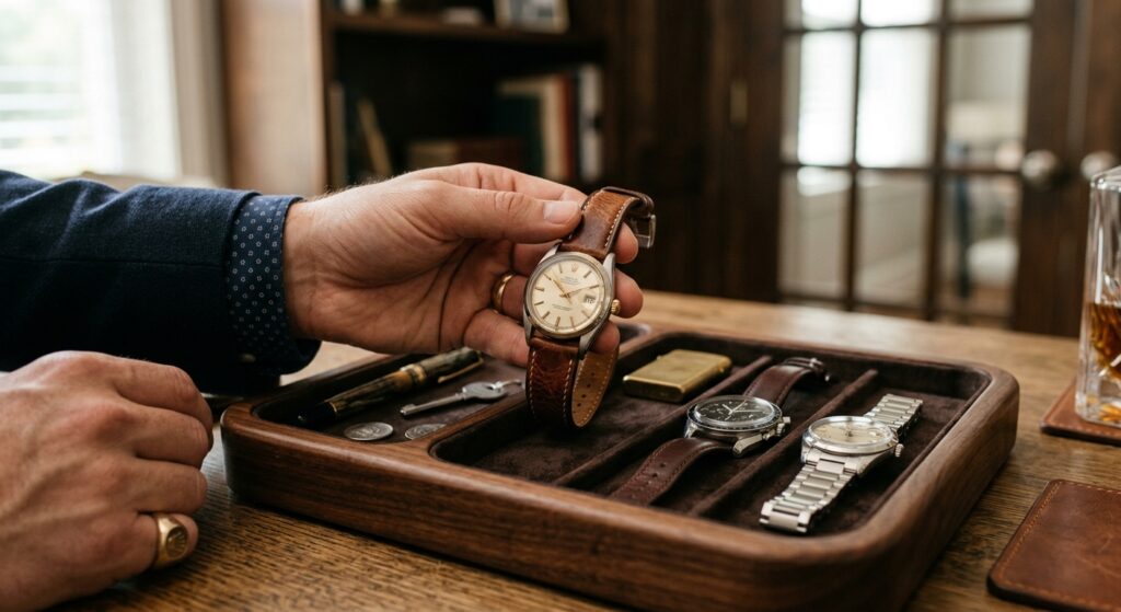 Elegant close-up of a man’s hands selecting a classic leather watch from a premium wooden valet tray