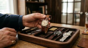 Elegant close-up of a man’s hands selecting a classic leather watch from a premium wooden valet tray