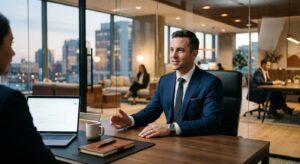 A professional, well-dressed man in a modern office setting sitting confidently at a desk during a b