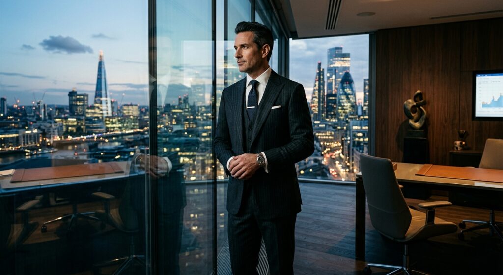 A professional man in a sharp tailored suit looking confidently at a cityscape from a modern glass o