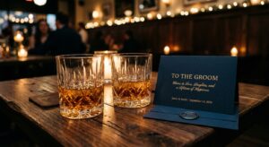 A sophisticated, cinematic close-up of two elegant crystal whiskey glasses on a dark wooden table ne