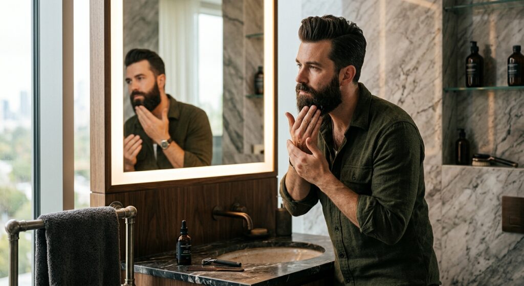 A professional, high-end editorial shot of a well-groomed man meticulously applying beard oil, captu