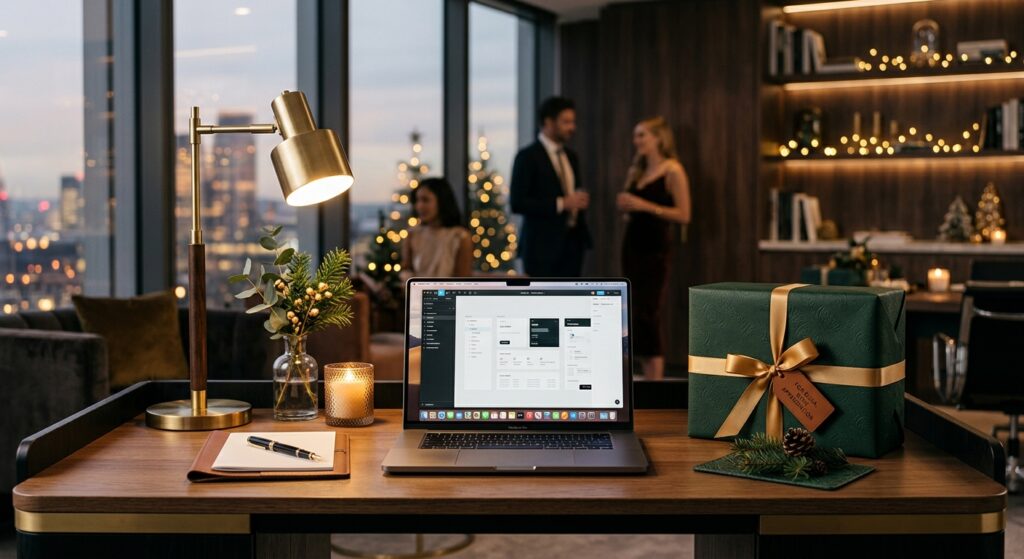 A professional, high-end editorial shot of a sleek desk set against a blurred, elegant office backgr