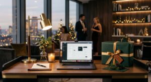 A professional, high-end editorial shot of a sleek desk set against a blurred, elegant office backgr