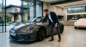A high-end, editorial-style photograph of a man in casual business attire meticulously caring for a