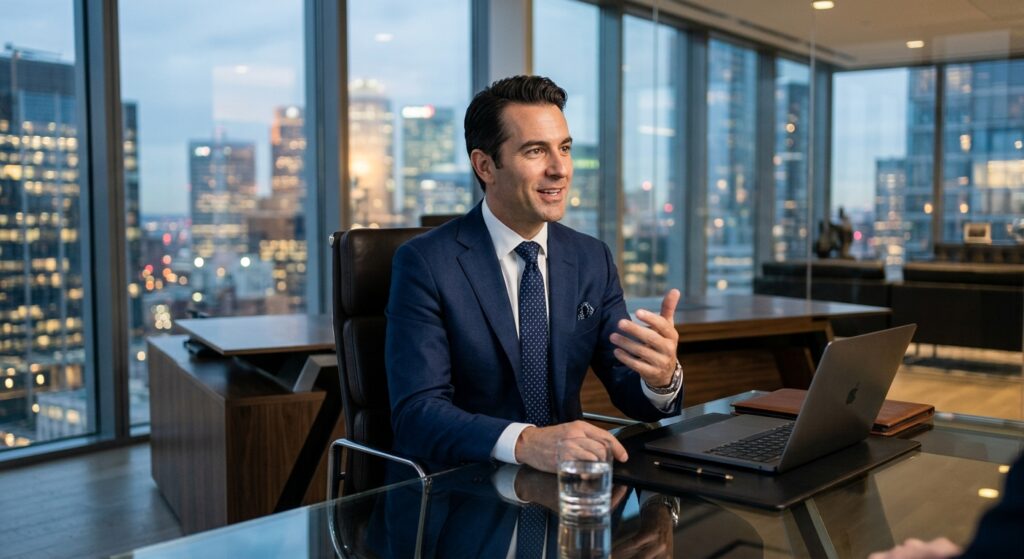 A professional, confident man in a sharp tailored suit sitting in a modern high-rise office, engagin