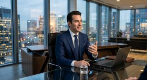 A professional, confident man in a sharp tailored suit sitting in a modern high-rise office, engagin