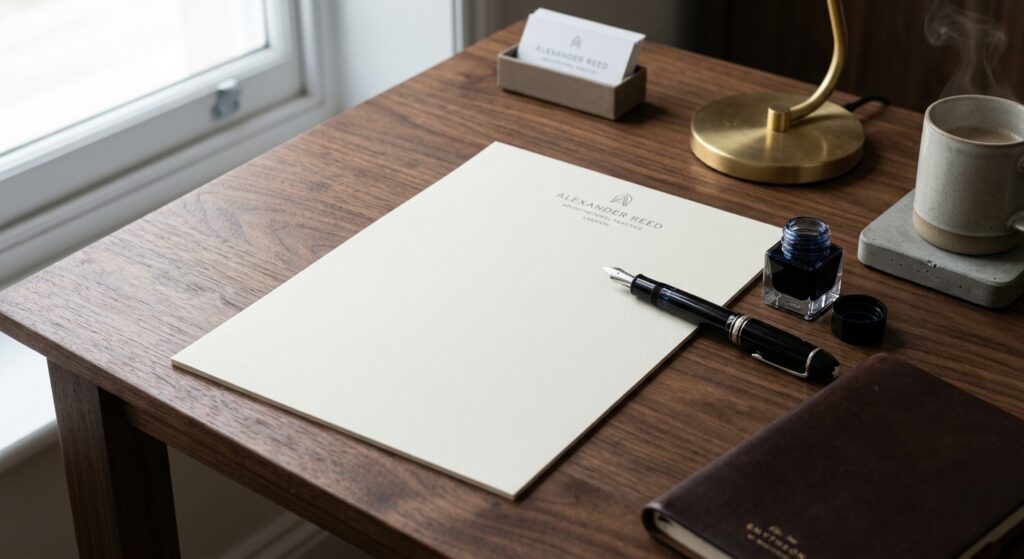 A sophisticated, minimalist workspace featuring a premium fountain pen resting on high-quality stati