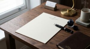 A sophisticated, minimalist workspace featuring a premium fountain pen resting on high-quality stati