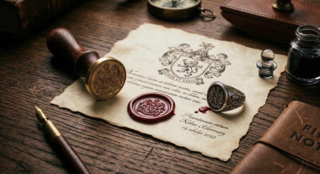 A sleek, professional flat-lay composition featuring a vintage wax seal stamp, an intricately engrav