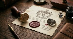 A sleek, professional flat-lay composition featuring a vintage wax seal stamp, an intricately engrav