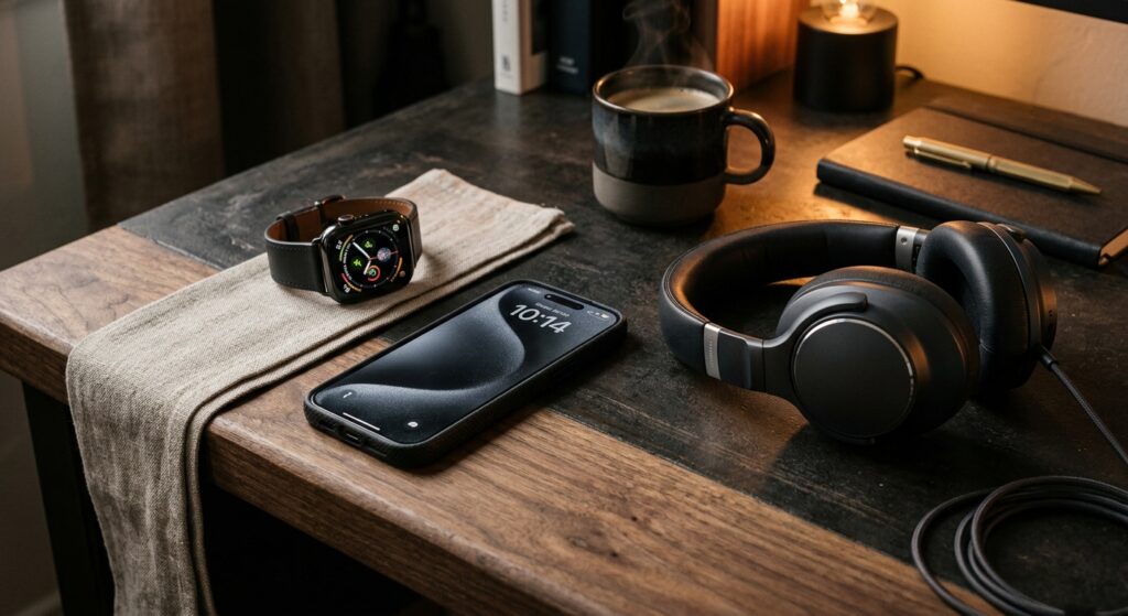 A high-end, professional editorial shot featuring a curated collection of modern tech gadgets, inclu