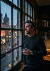 A high-quality, atmospheric editorial portrait of a contemplative man looking out a window during tw
