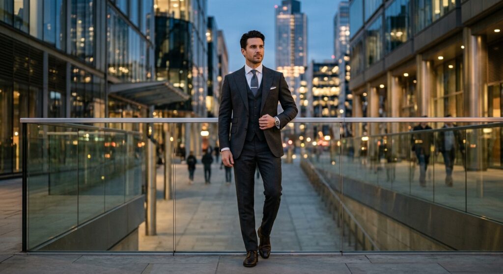 A sophisticated editorial-style portrait of a well-dressed man in a sharp, modern tailored suit stan