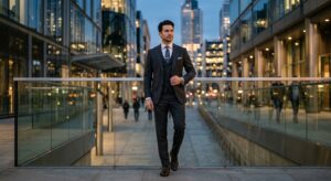 A sophisticated editorial-style portrait of a well-dressed man in a sharp, modern tailored suit stan
