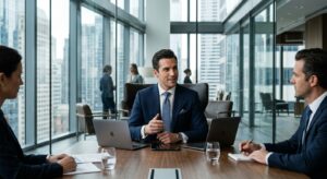 A professional, stylish man in a tailored suit sitting confidently in a modern glass-walled office d