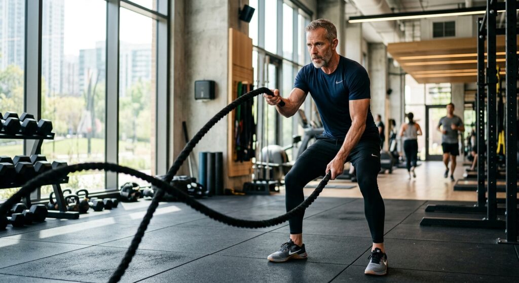 A cinematic, high-quality editorial shot of a fit, middle-aged man in stylish activewear focus-train