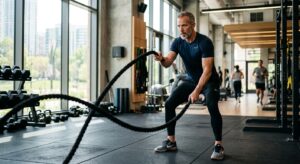 A cinematic, high-quality editorial shot of a fit, middle-aged man in stylish activewear focus-train
