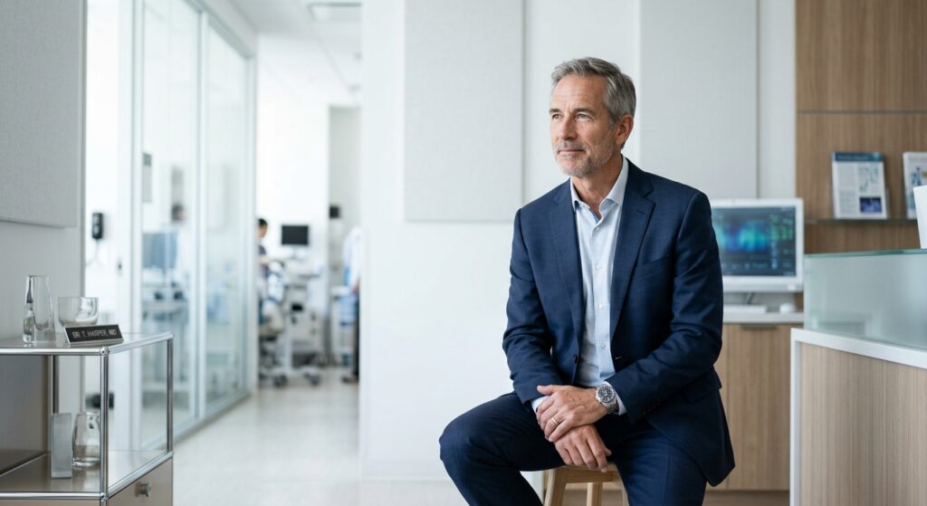 A high-quality, professional editorial photograph of a confident middle-aged man looking thoughtful,