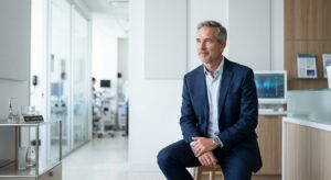 A high-quality, professional editorial photograph of a confident middle-aged man looking thoughtful,