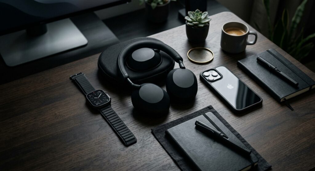 A high-end editorial flat-lay photography of premium modern tech gadgets including a sleek smartwatc