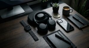 A high-end editorial flat-lay photography of premium modern tech gadgets including a sleek smartwatc