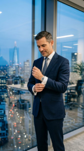 Professional portrait of a confident businessman adjusting his cufflinks in a modern, high-rise offi