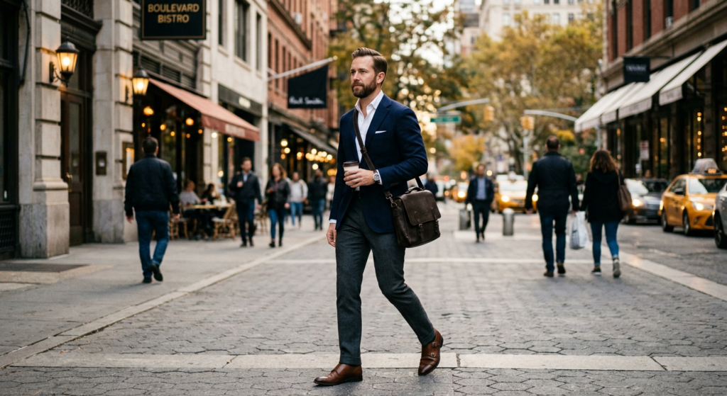 A stylish man in a tailored blazer walking through a sophisticated urban district, captured with a s